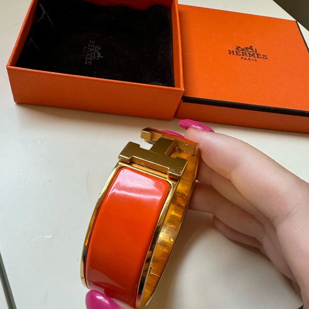 Hermes Orange Enamel Clic H Bracelet with Gold Hardware
